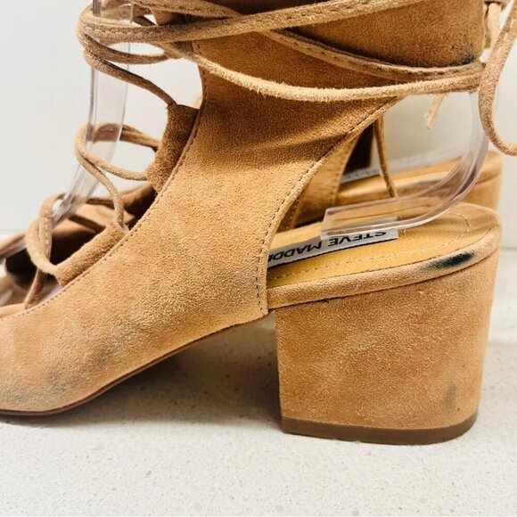 NWT Steve Madden Admire Sandals Sand Tan Leather Suede Lace Up Heel Sz 7.5B Flaw - Picture 6 of 16